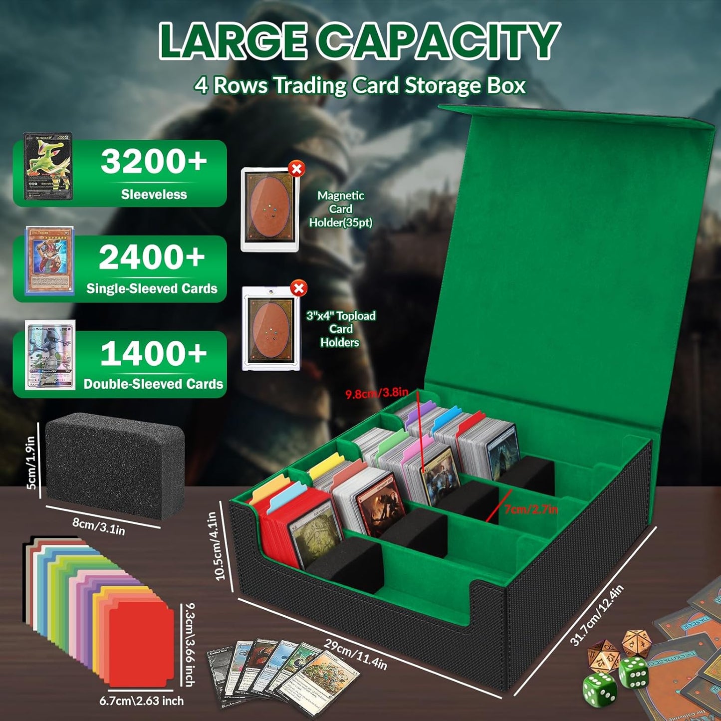 AOBOPLE Trading Card Storage Box,3200+ Card Box Storage with 24 Dividers and 4 Foam Supporters PU Leather Magnetic Cards Deck Case for MTG,TCG, Magic and Sport Cards,Great Gift for Card Collectors