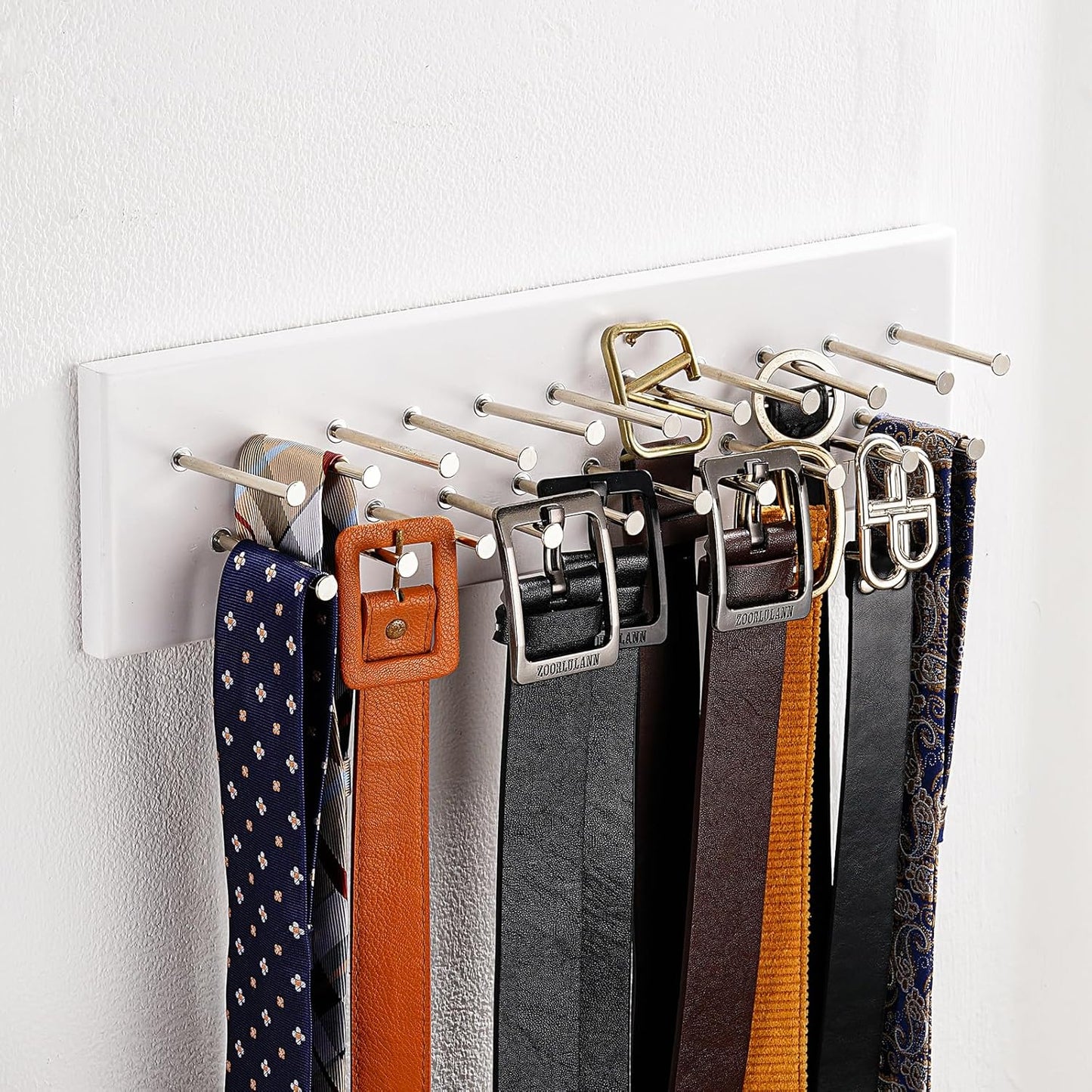 TreeHouse London Tie Rack Organizer – Holds 40 Large Ties – Solid Wood & Sturdy Metal Storage Holder for Closet – Wall Mounted Tie Display Hanger for Wall, Bedroom (White) 16''L x 4.25''H