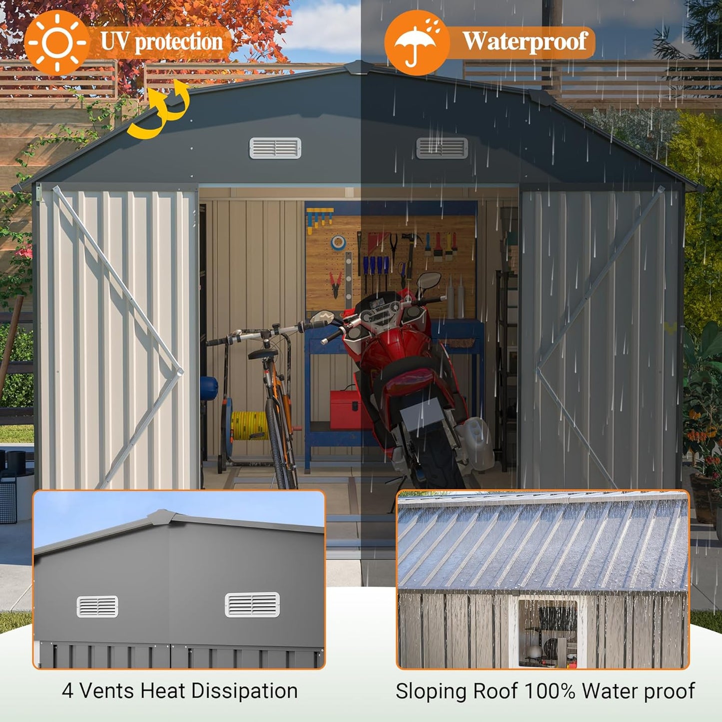 Large Outdoor Storage Shed, 10' X 12' Metal Galvanized Steel Garden Sheds with 4 Vents & 2 Windows, Utility Tool Shed for Backyard, Patio, Lawn,Gray