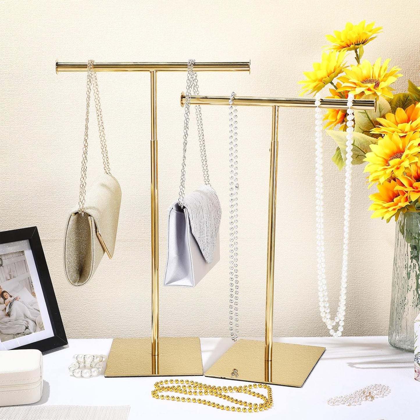 Leinuosen 4 Pcs T Shaped Purse Display Stand Necklace Display Stand Tabletop Adjustable Height Purse Hanger Rack