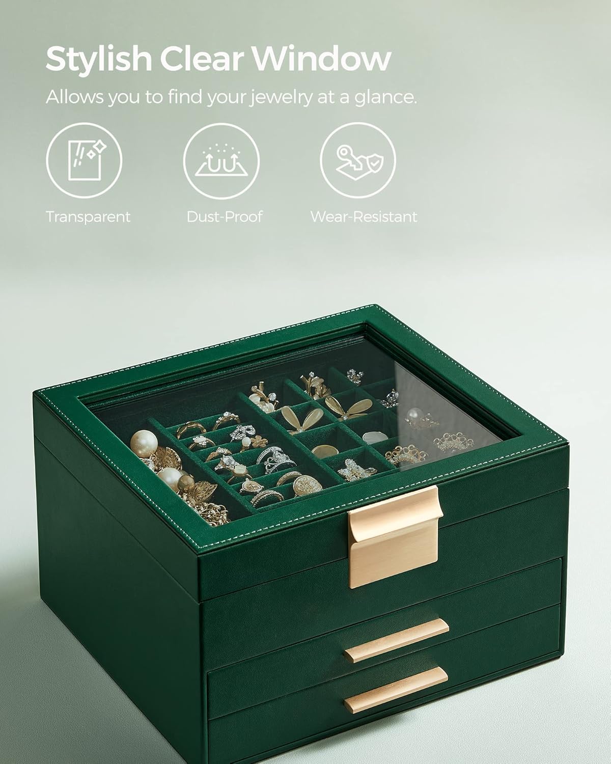 SONGMICS Jewelry Box Organizer with Glass Lid, 3-Layer Jewelry Storage, with 2 Drawers, Modern Style, Christmas Gift, 8 x 9.1 x 5.3 Inches, Forest Green and Gold Color UJBC239C01