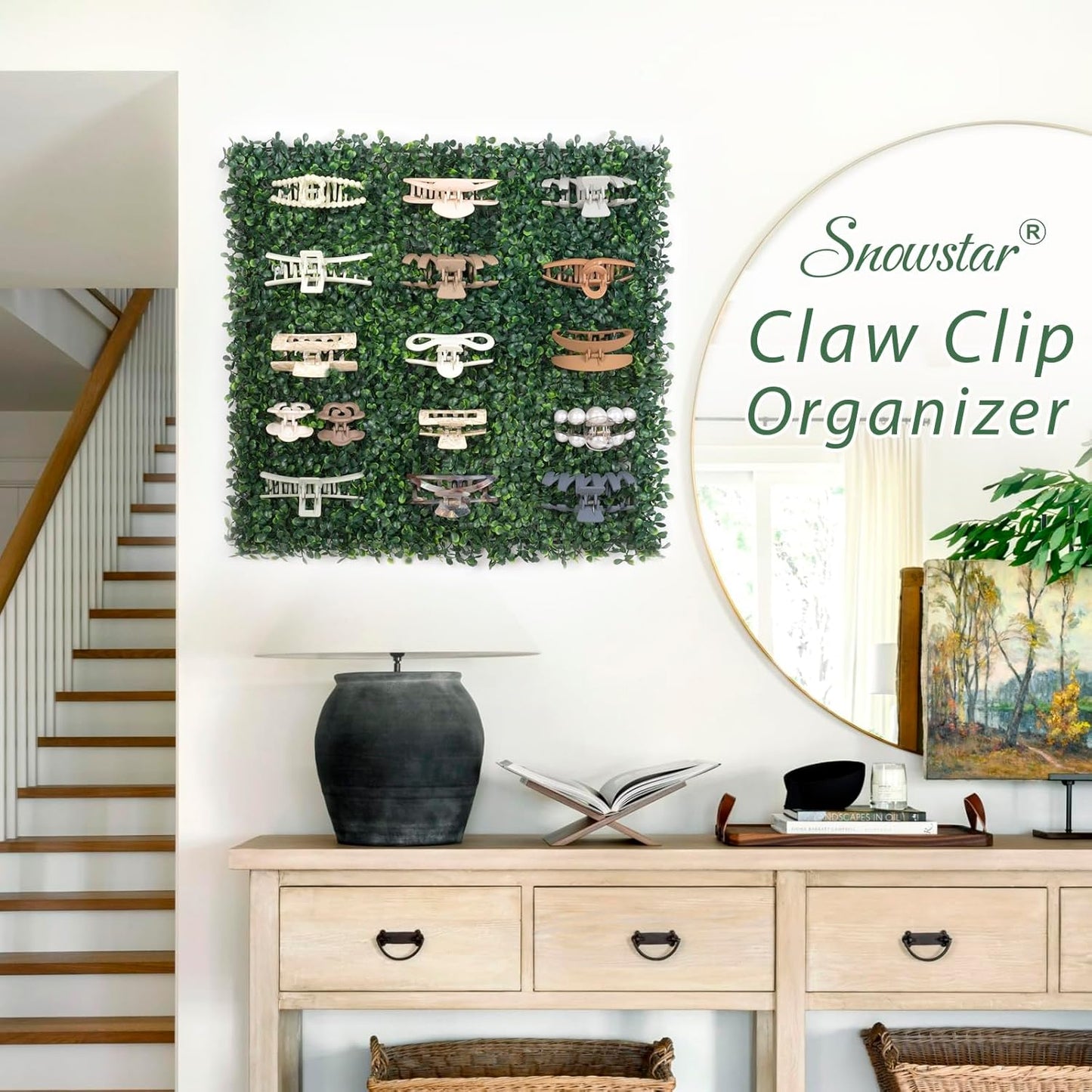 SNOWSTAR Green Grass Claw Clip Organizer Holder, 20x20 inch Hair Clip Stand for Women and Girls, Wall Decor Display