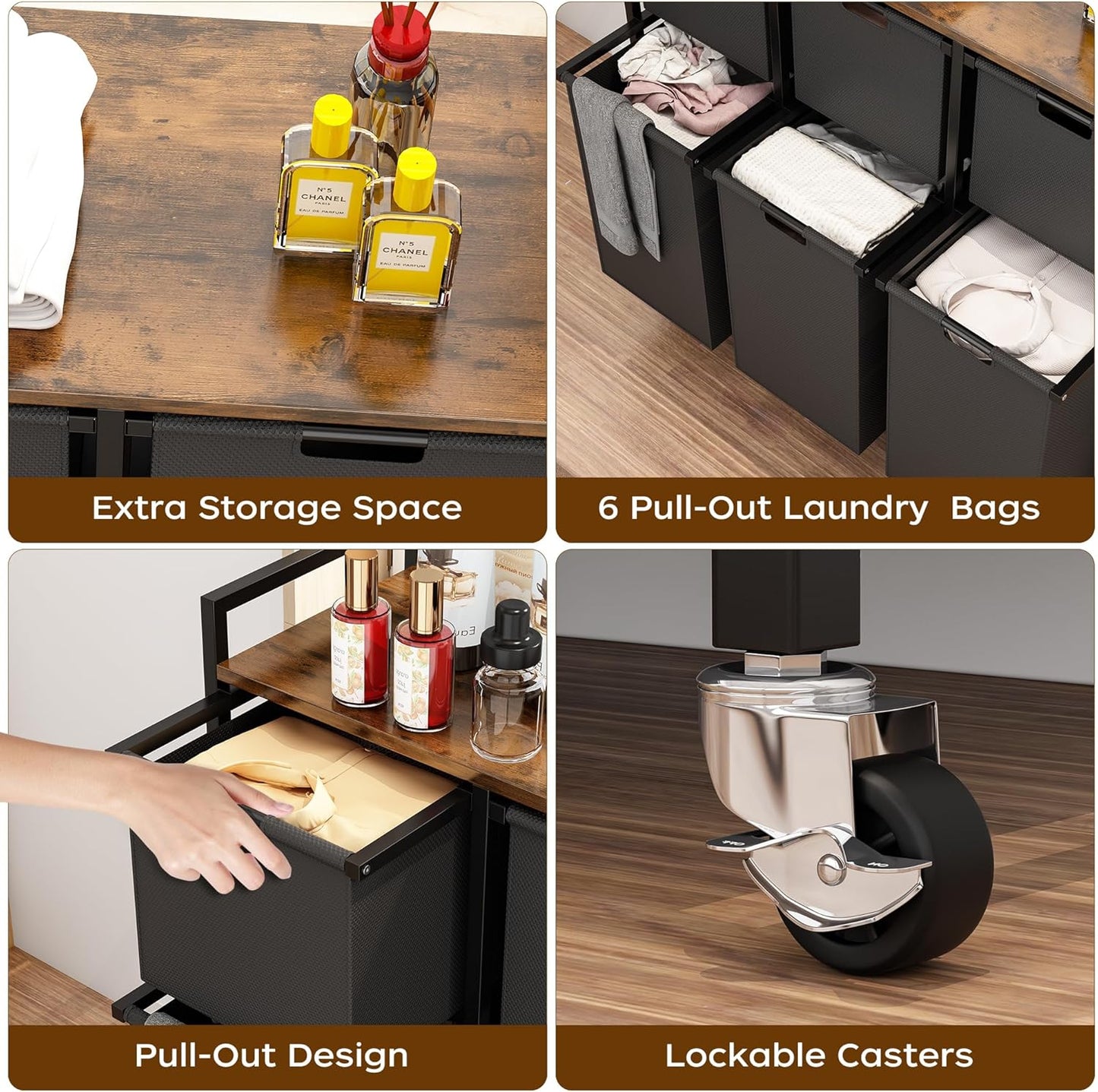 HOMEIJU Laundry Basket with Wheels, Rolling Laundry Hamper Organizer with Large Desktop, Laundry Sorter with 6 Pull-Out and Removable Laundry Bags, Metal Frame, Rustic Brown and Black