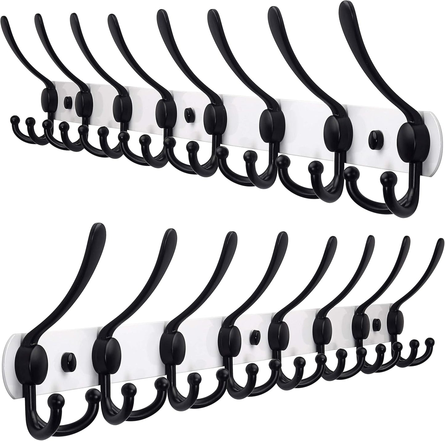 Dseap Coat Rack Wall Mount - 29.5” Long 8-Tri-Hooks Heavy Duty Coat Hanger Rail Wall Hooks for Hanging Coats Hats Clothing Clothes Purse Mudroom Entryway, White & Black, Pack of 2