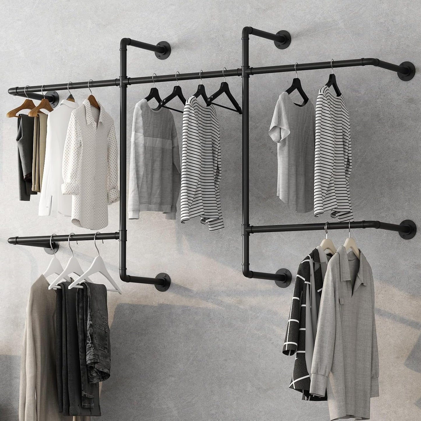 Industrial Pipe Clothing Racks with 5 Hanging Rods, Industrial Clothes Racks Wall Mounted, Heavy Duty Black Pipe Clothing Rack, Metal Closet Rods for Hanging Clothes