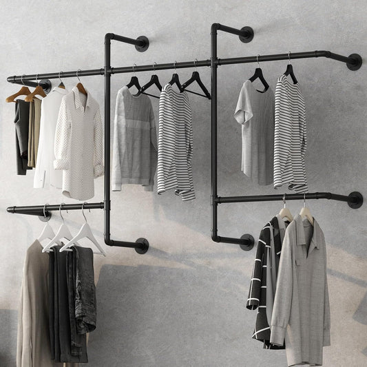 Industrial Pipe Clothing Racks with 5 Hanging Rods, Industrial Clothes Racks Wall Mounted, Heavy Duty Black Pipe Clothing Rack, Metal Closet Rods for Hanging Clothes