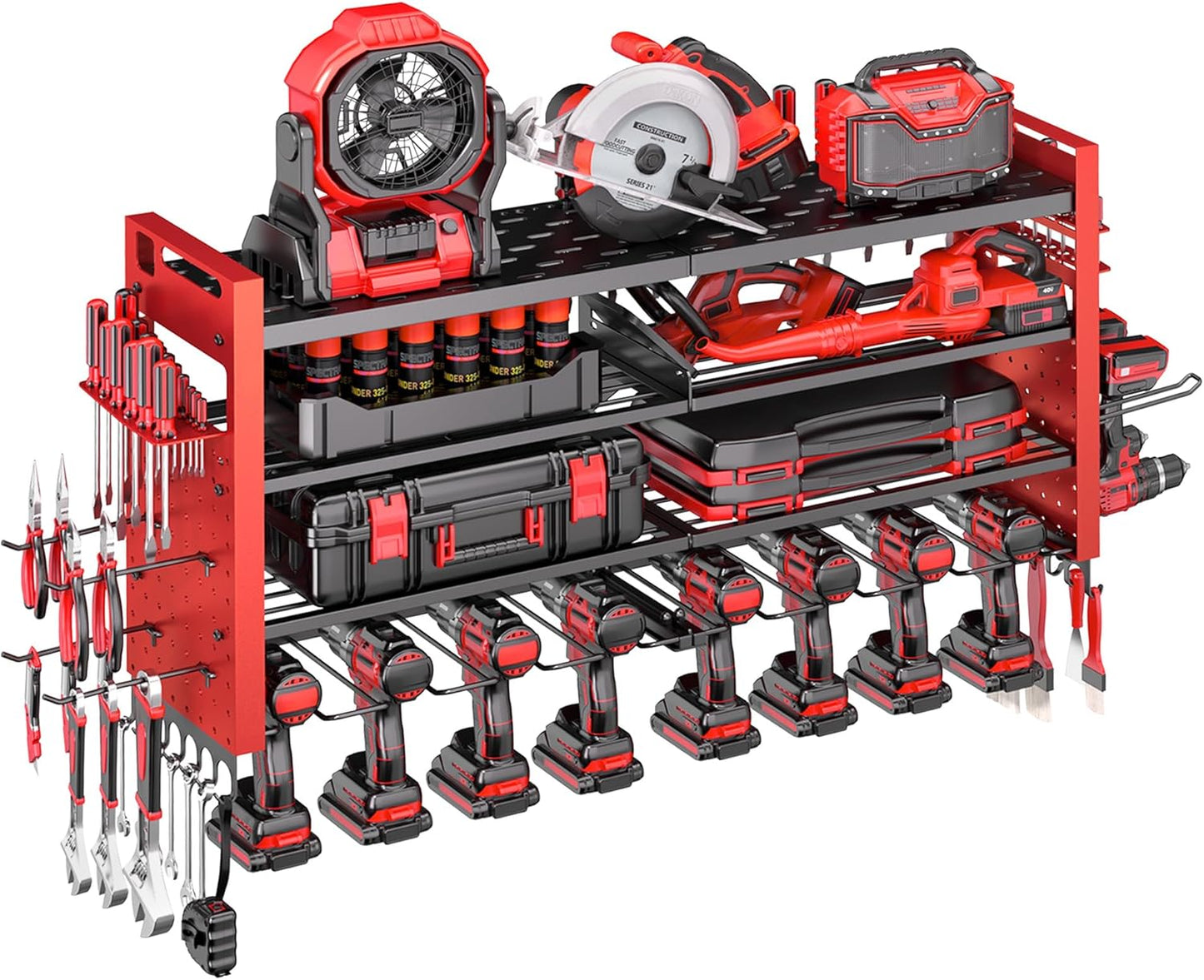 33" W Power Tool Organizer Wall Mount,4-Layer Heavy Duty Tool Storage with 10 Cordless Drill Holder,300 lb Capacity Garage Organization for Garage and Workshop,Red