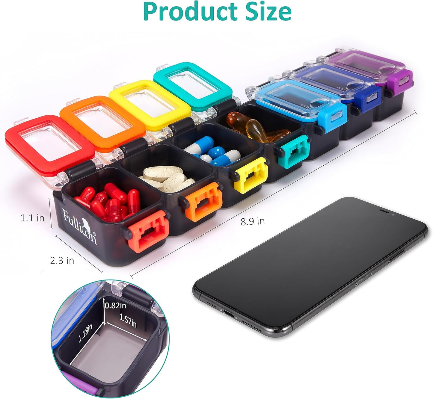 Fullicon Weekly Pill Organizer 7 Day Ultra Moisture and Spill Proof Daily Pill Box, Large Medicine Case with Secure Buckle, Compact Travel Pill Container for Pill, Vitamin, & Fish Oil (Rainbow Black)