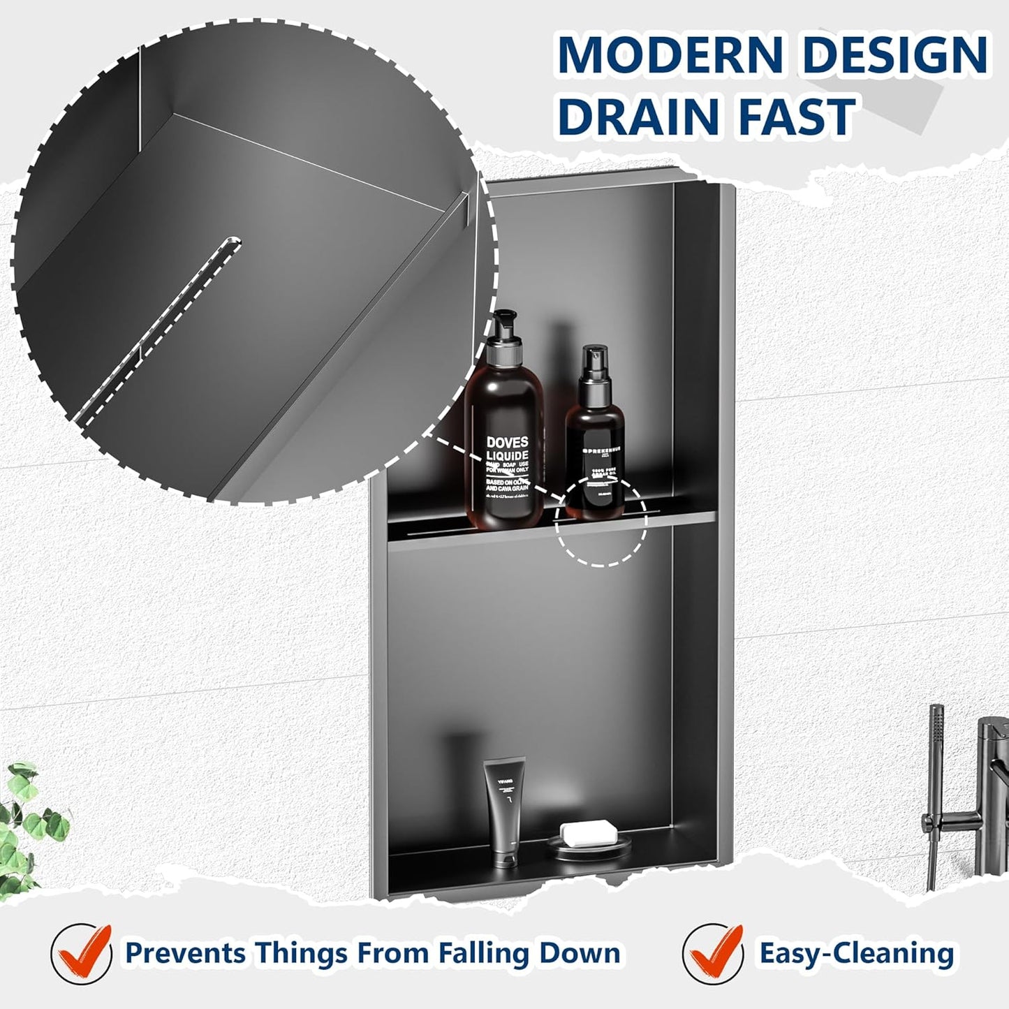 Stainless Steel Shower Niche 24" X 12", No Tile Needed Wall Niche Double Shelves, Recessed Shower Shelf for Bathroom Storage, Gun Metal