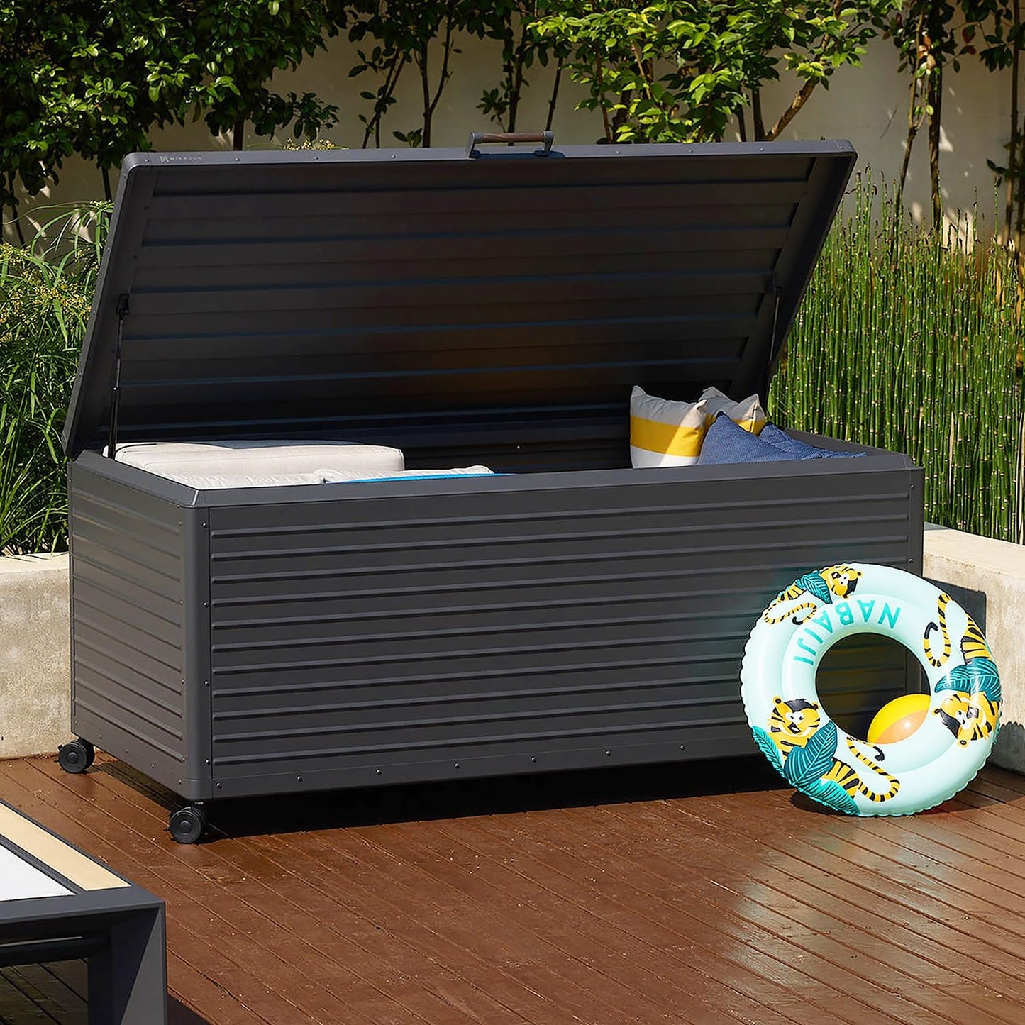 MIRADOR 281 Gallon Outdoor Storage Box Waterproof, Metal Deck Box with wheels for Patio Furniture, Garden Tools, Outdoor Cushion, Charcoal