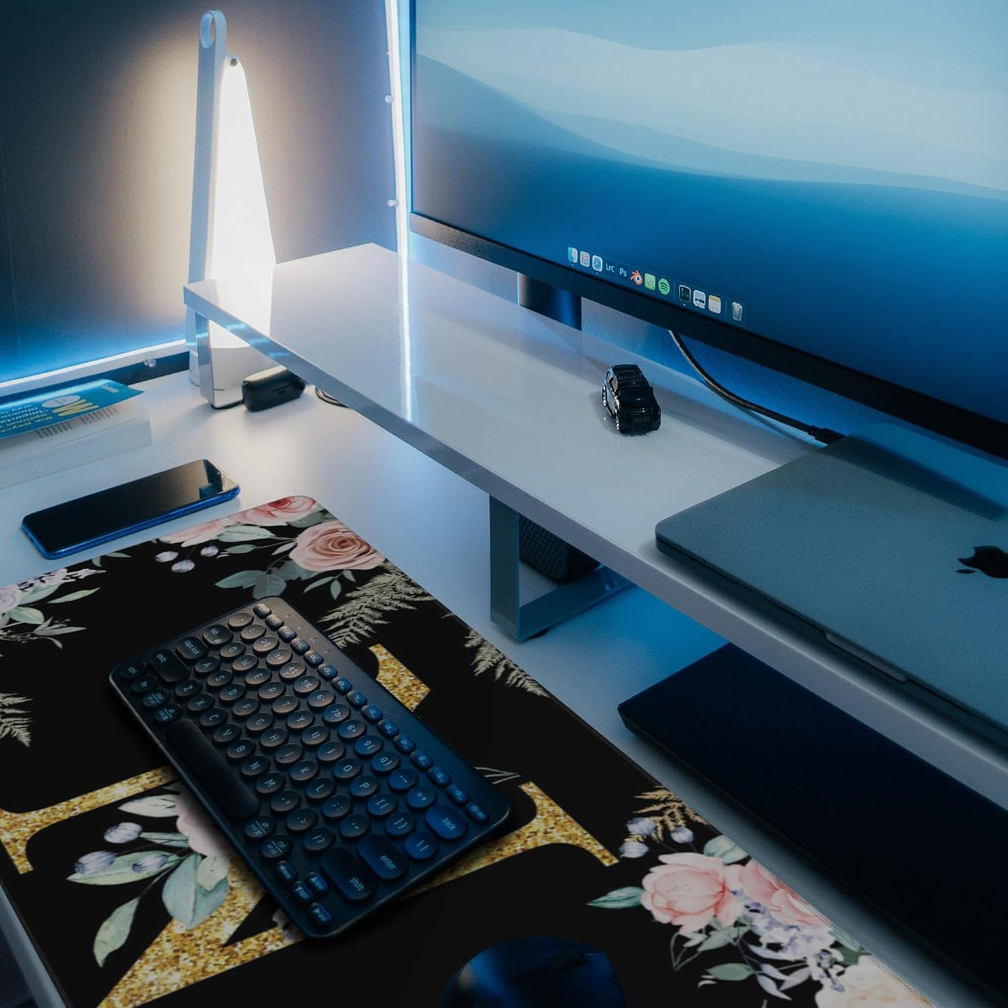 Desk Pad, Flower Golden Letters N Extended Gaming Mouse Pad Large, 35.4"x15.7" Big Mouse Pad with Non-Slip Base and Stitched Edge, Long Computer Keyboard Mouse Mat for Home Office Work