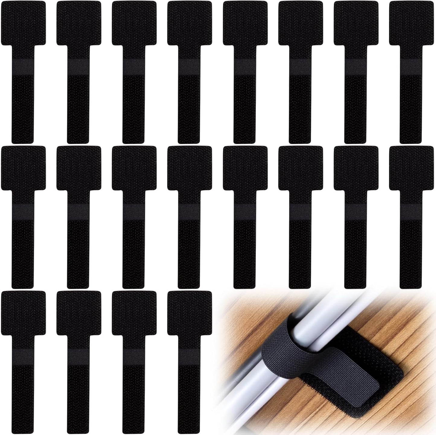 20pcs Hook and Loop Cable Ties, 3.55 Inch Self Adhesive Cable Management Straps for Desktop Network Wires, Adjustable Reusable Appliances Cord Organizer for Office Home Desk - Black
