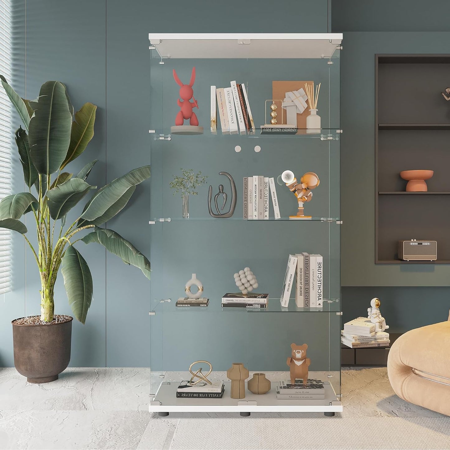 Beauty4U Glass Display Cabinet with 4 Shelves, 2 Doors Curio Cabinets for Living Room, Bedroom, Office, White Floor Standing Glass Bookshelf, Quick Installation