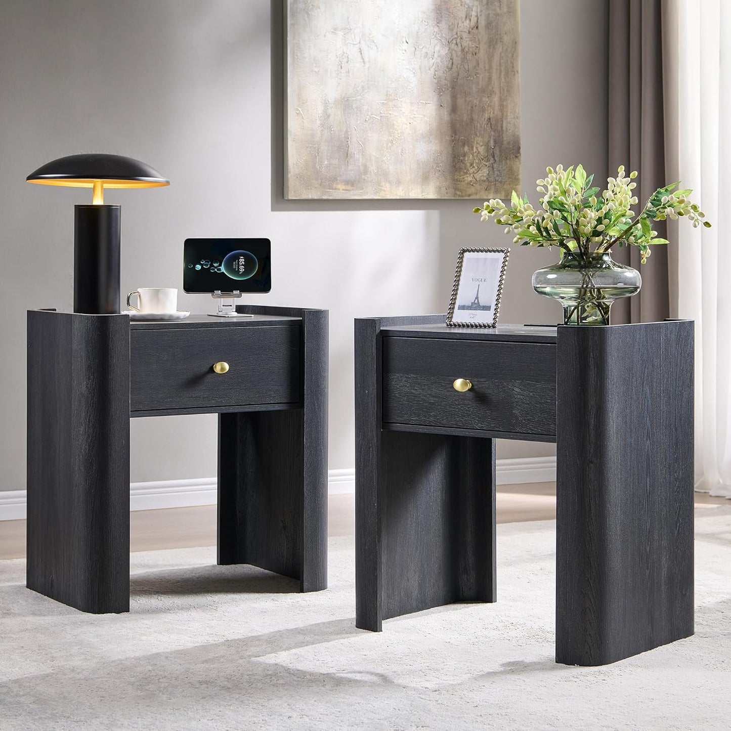 23.6" Tall Modern Nightstand Set of 2, 22" Wide Curved Bedside Table with Charging Station, Wooden Night Stand with 1 Storage Drawer, Large End Table for Bedroom, Living Room, Dark Grey