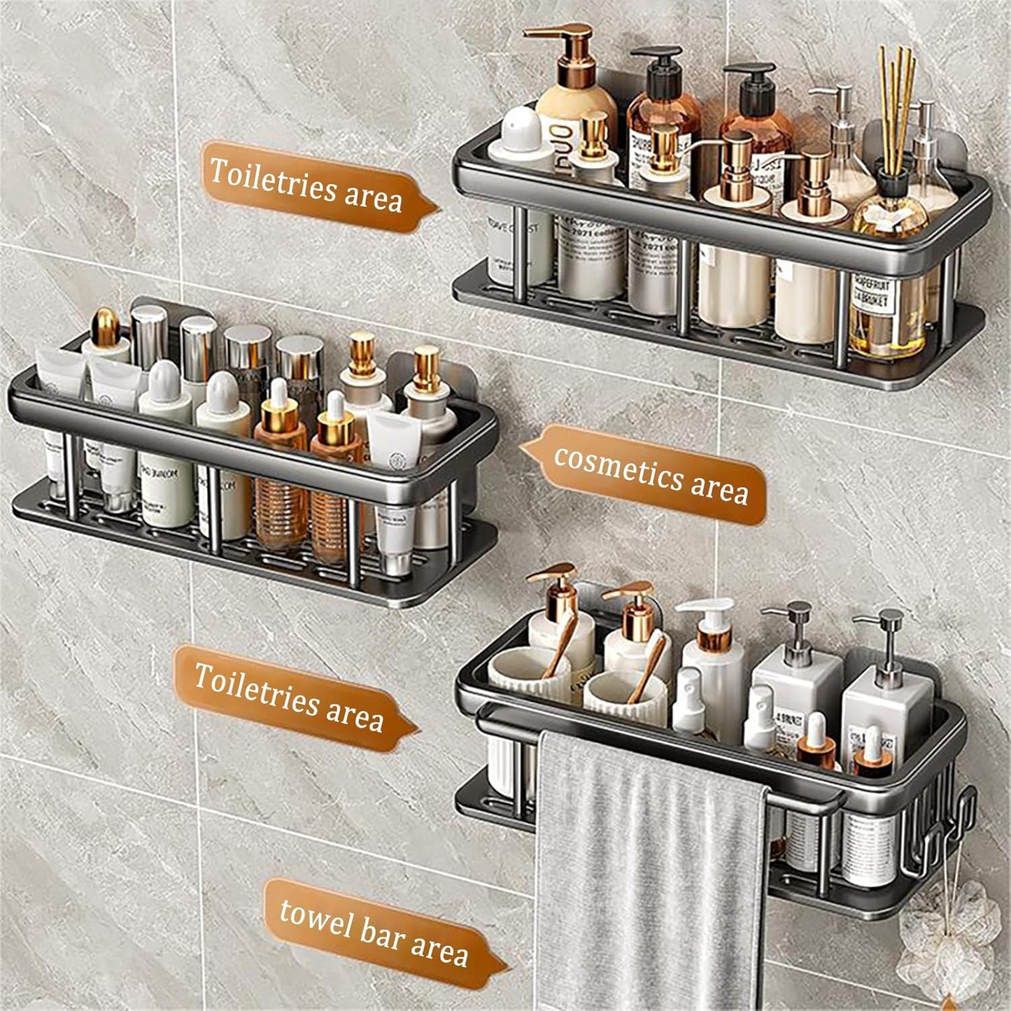 Shower Caddy Adhesive 2Pack with Hooks and Rod for Towels Black-Premium Bathroom Shower Shelves Shampoo Organizer Rack Storage Bathtub Shelf Rustproof Easy Installation Sturdy Build Sleek Modern Look
