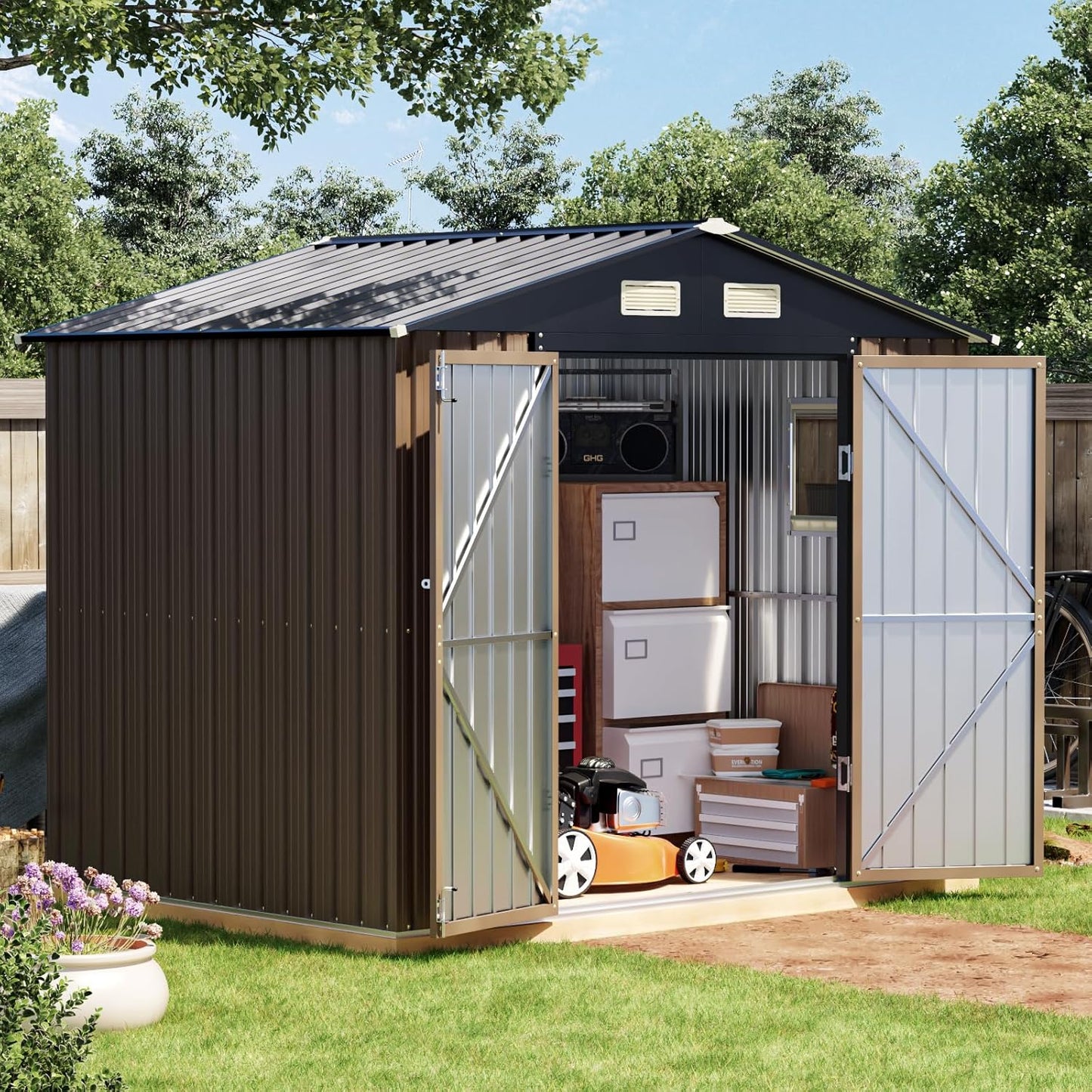 6x8FT Outdoor Metal Storage Shed with Floor Frame,Double Door, 1 Clear Window, Tool Shed for Garden, Patio, Backyard Brown