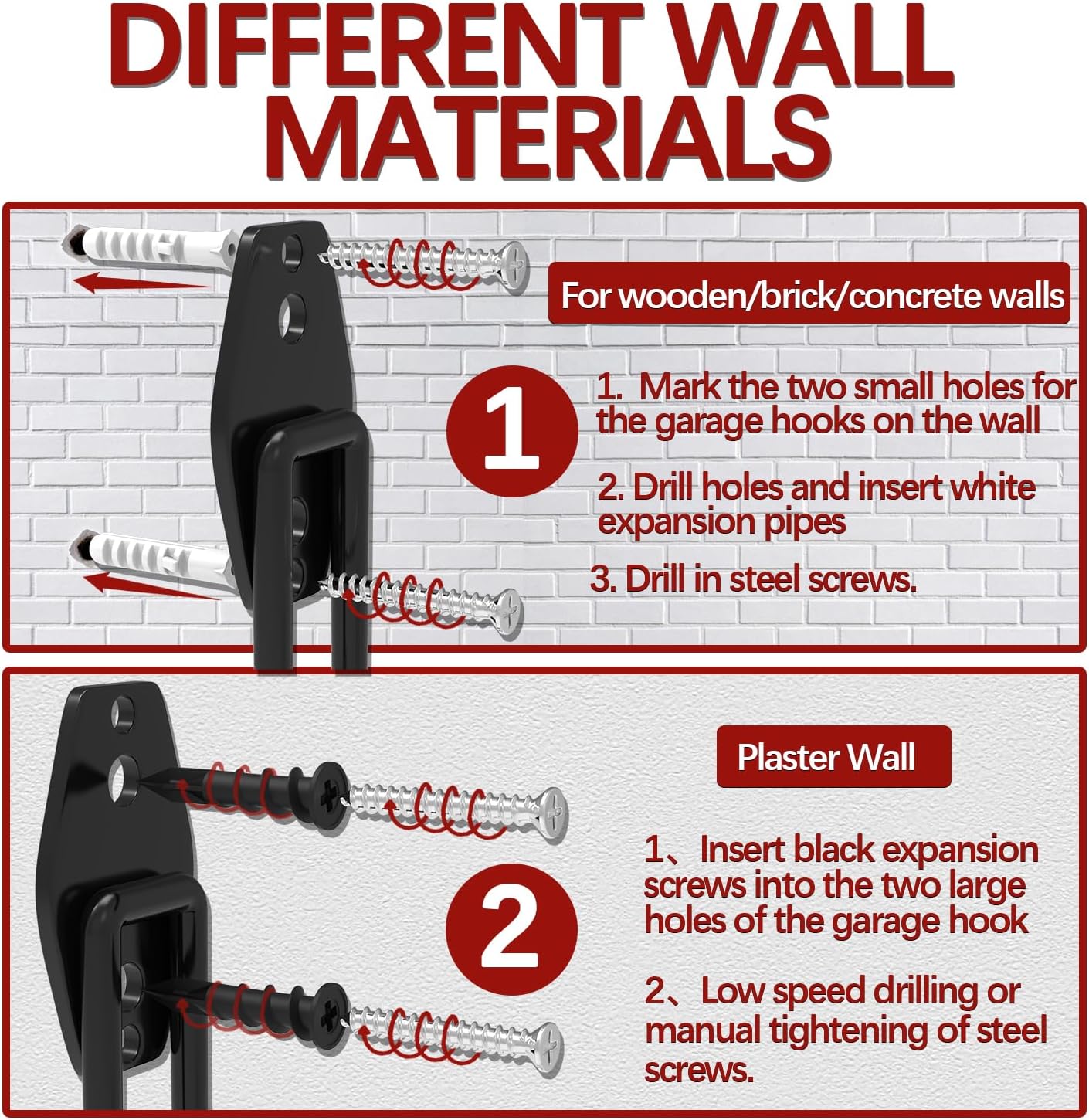 3-H Garage Wall Hooks 34 Pack, Garage Hooks Heavy Duty with Extra Welding Spots, Garage Organizer for Garden, Lawn, Chairs, Ladders, WeedEater, Shovel (Red)