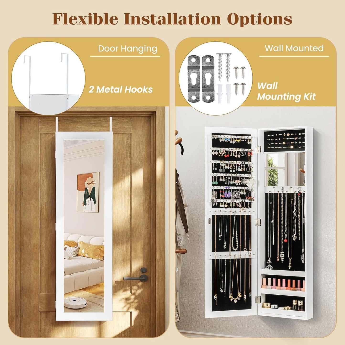 COSTWAY Full Length Mirror Jewelry Cabinet, Wall Door Mounted with Makeup Mirror, Ring Slots & Necklace Hooks, Large Storage Jewelry Armoire for Bedroom, Dressing Room (White)