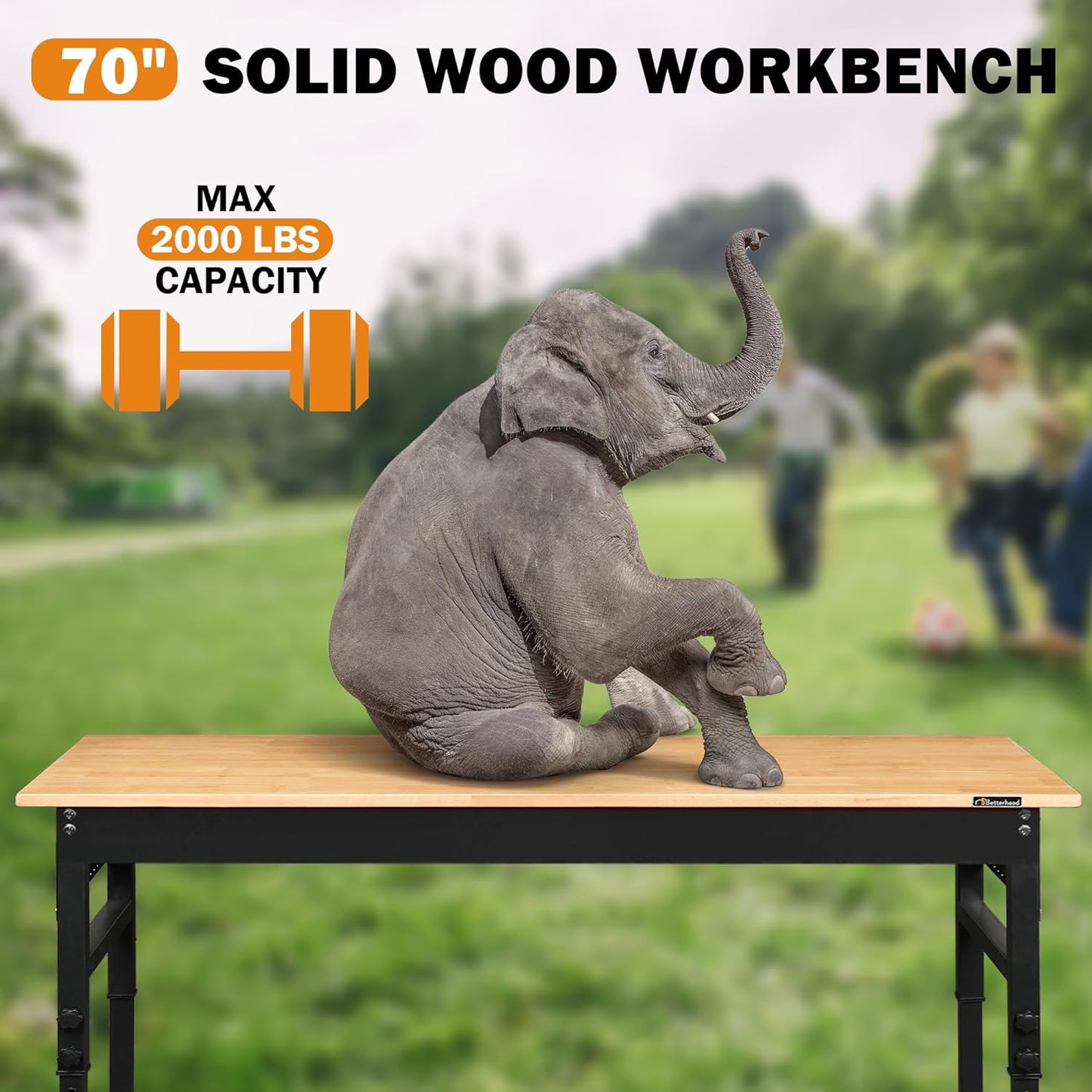 Betterhood 70" Adjustable Workbench on Wheels, 2000 LBS Heavy Duty Work Table with Power Outlets & Pegboard, Rubber Wood Workstation for Garage, Workshop, Office, Home, Commercial