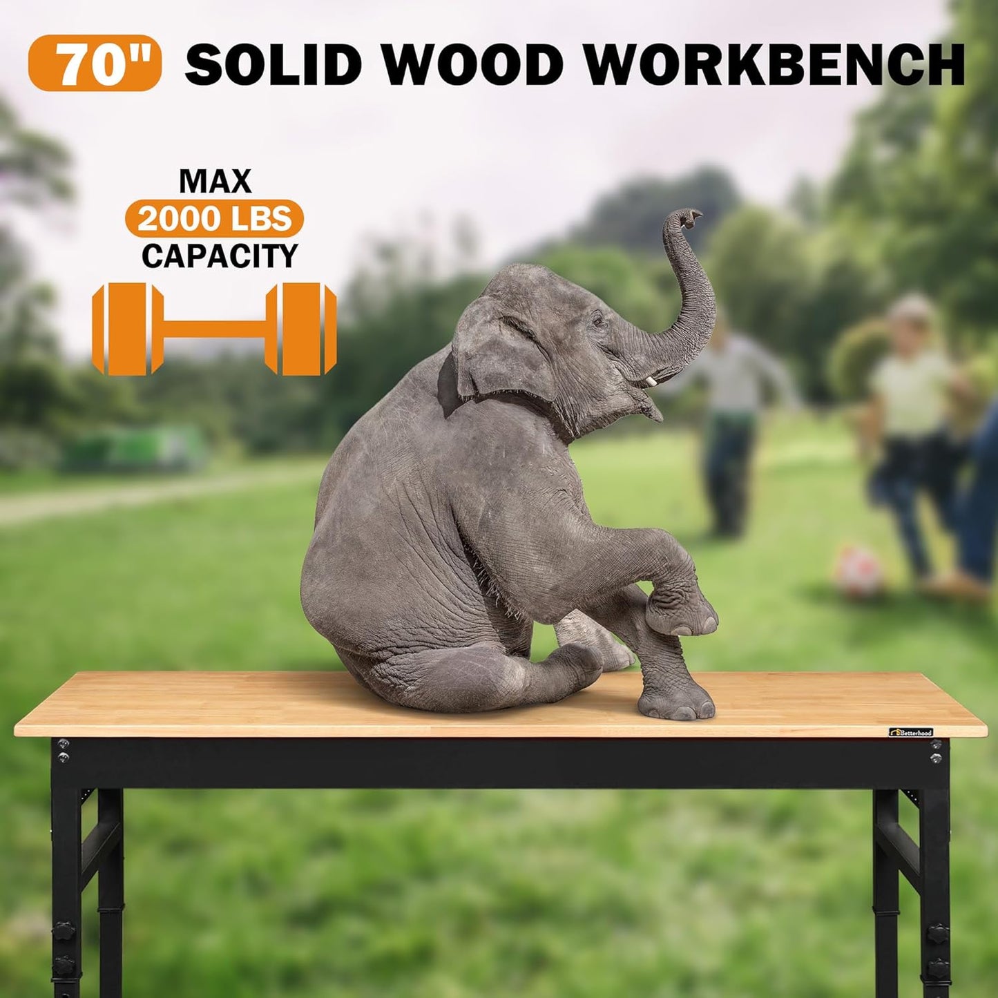 Betterhood 70" Adjustable Height Workbench, 2000 LBS Heavy Duty Work Table with Power Outlets & Pegboard, Rubber Wood Workstation for Garage, Workshop, Office, Home, Commercial