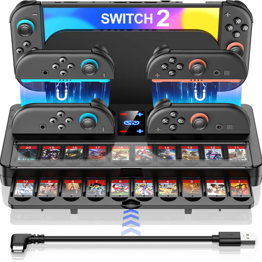 25 Slots Switch 2 Charging Organizer Joycon 2 Controller Storage Compatible with Nintendo 2 Accessories w Extended USB C Cable & LED Indicator (S-Charging Organizer)