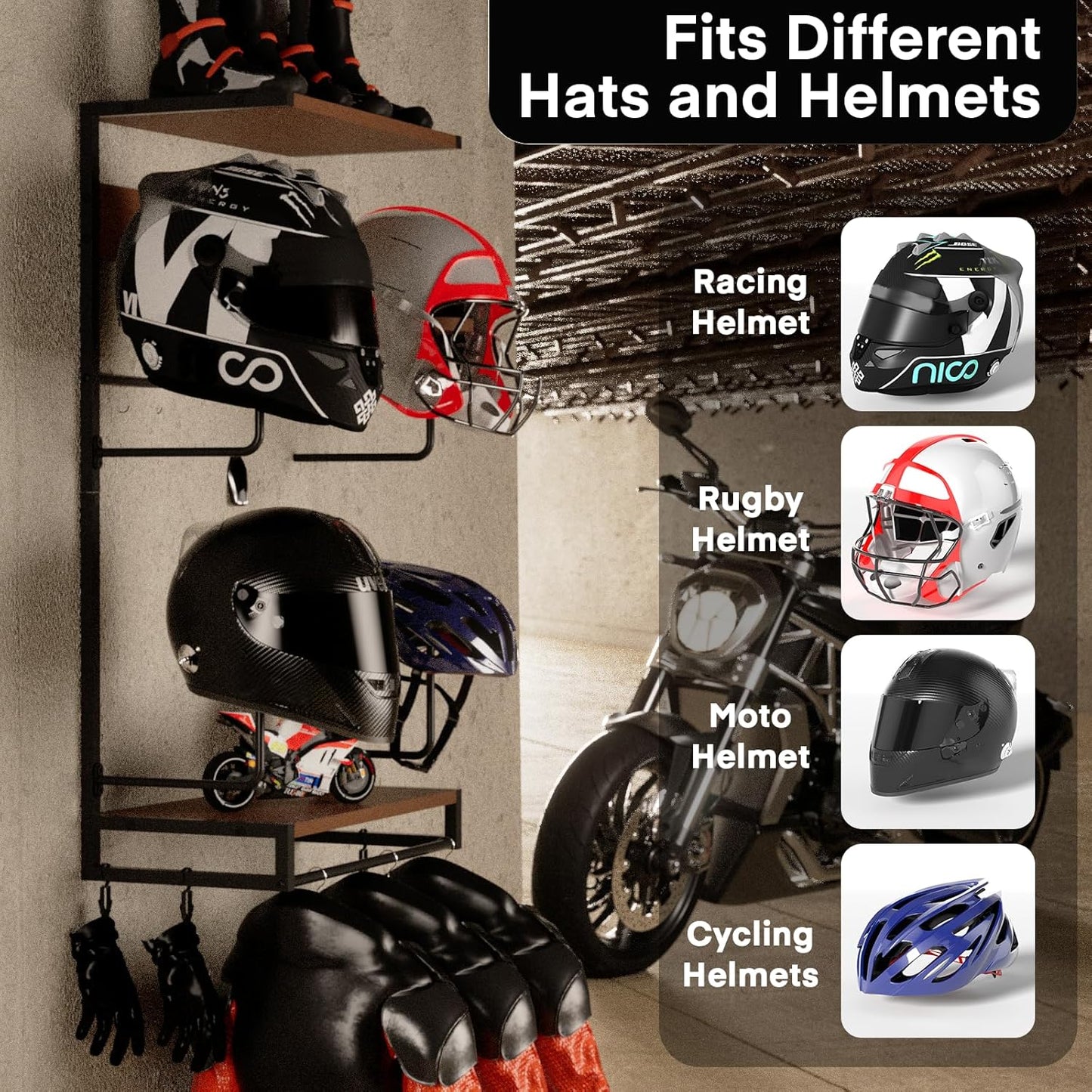 Motorcycle Helmet Holder Wall Mount, Rustic Helmet Rack With 4 Hat Stands and 2 Wooden Shelves, Motor Gear Accessories Storage for Men, 4 Clips, 5 Hooks for Glove Key Jacket Hanging