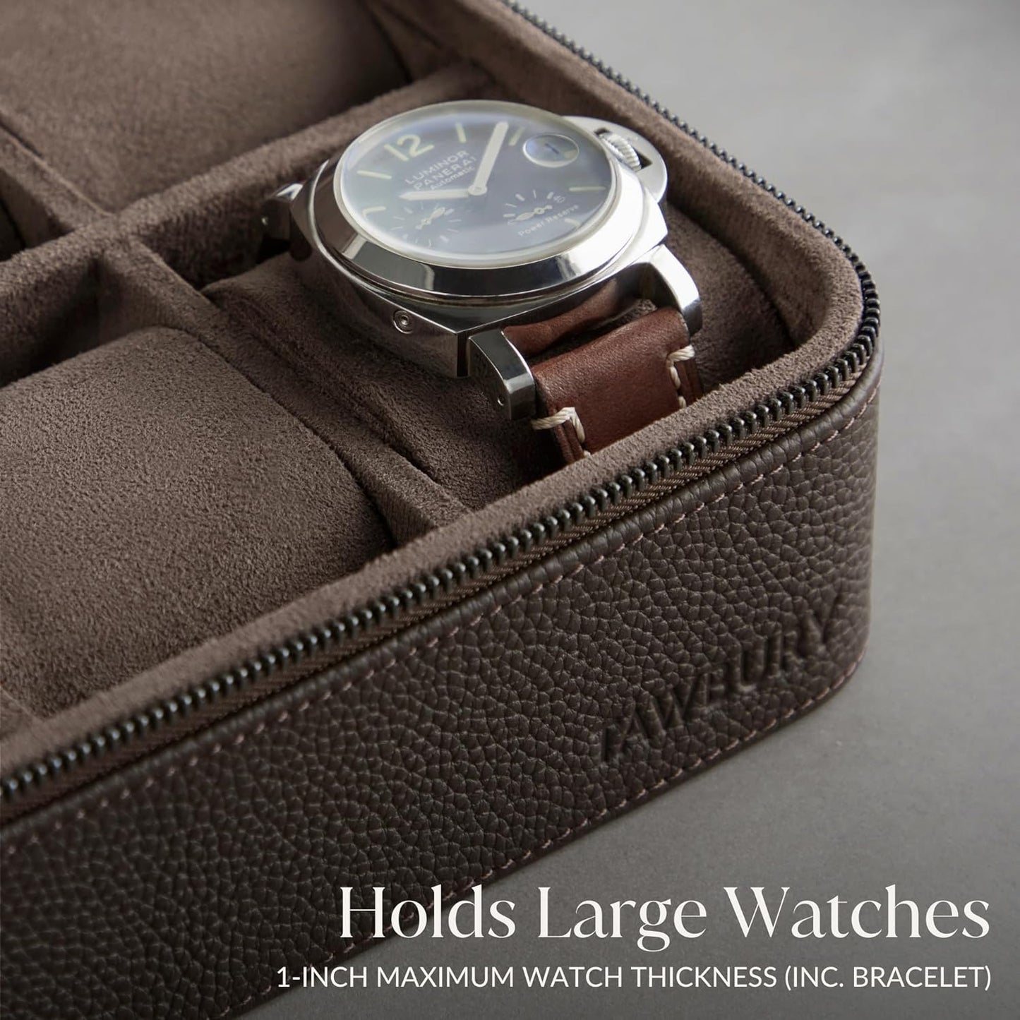TAWBURY Watch Case - 8 Slot Genuine Top-Grain Leather Watch Box for Men & Women with Extra Wide Pillows for Large Watches - Portable Wristwatch Storage for Home & Travel (Brown)