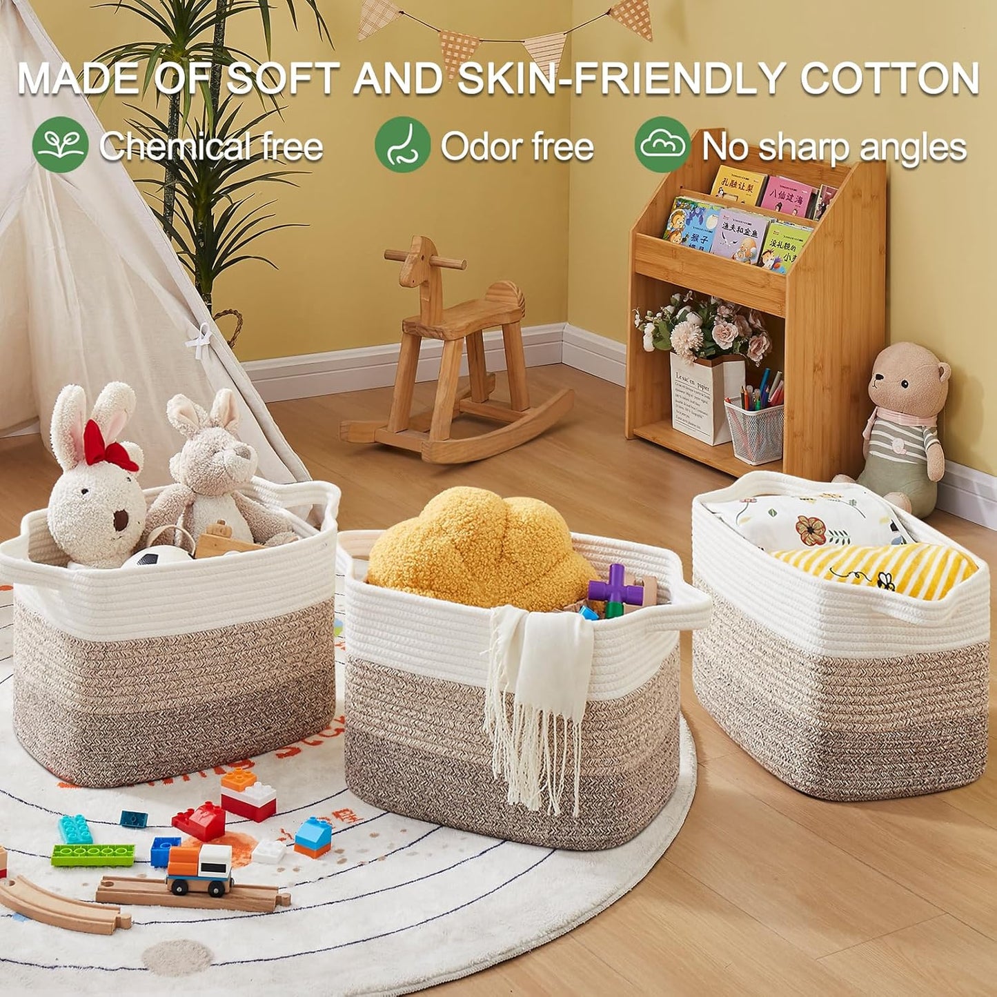 Storage Basket for Organizing, Woven Baskets for Storage, Rectangle Decorative Baskets for Shleves, Closet, Toys, Book, Nursery Organizer Bins - Pack of 3 (Gradient Yellow, 15.75"x11.8"x9.85")
