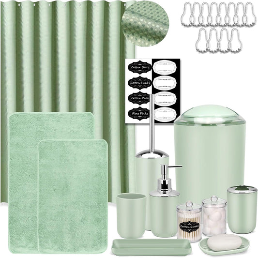 IMAVO Green Bathroom Accessories,Non Slip Super Absorbent Rugs and Waterproof Shower Curtain with Hooks,Complete Bathroom Set for Bathroom Décor