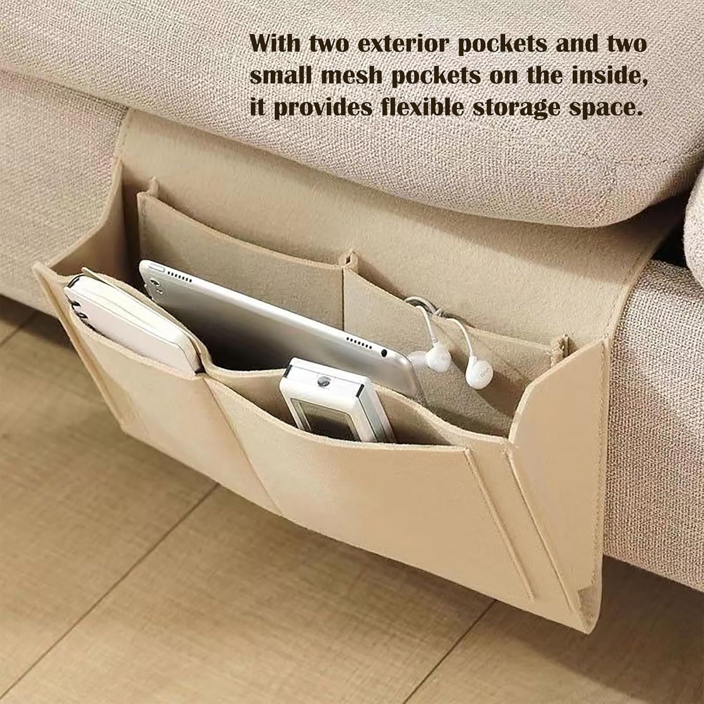 Bedside Caddy, 5 Pockets Felt Bedside Storage Organizer, Hanging Storage Organizer for Home Bedroom Living Room College Dorm Bed Water Bottles, Magazines, Phone, Glasses (Beige)