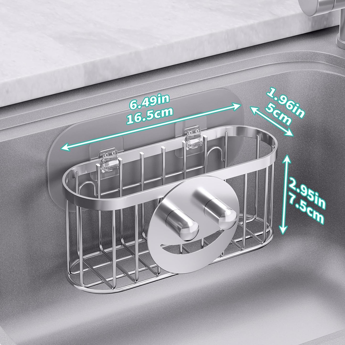 HapiRm Sink Caddy Sponge Holder - 2 Installation Ways Kitchen Sink Organizer with Smiley Face Sponge Holder, Stainless Steel Kitchen Caddy - Silver