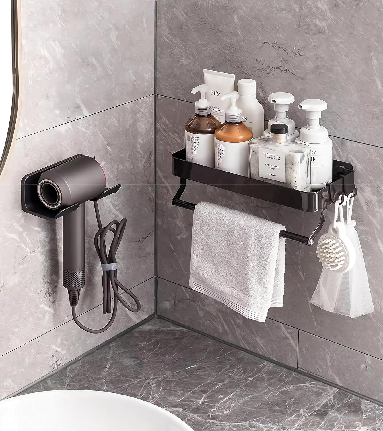 Universal Hair Dryer Holder, Blow Dryer Hanger Wall Mount for Hair Dryer Hook with Plug&Cord Organizer Self Adhesive for Cabinet Bathroom(1 Pack Black)
