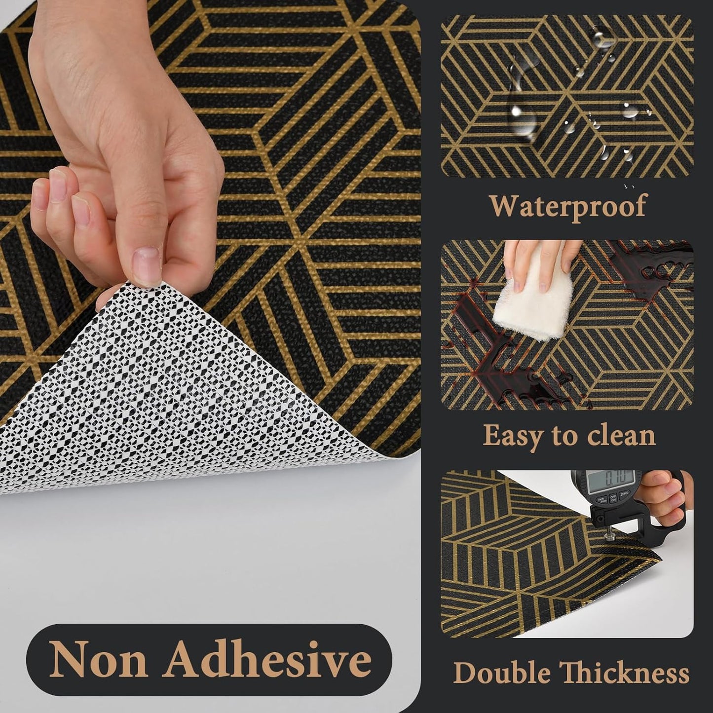 Shelf Liners for Kitchen Cabinets 17in x 20FT, Non Adhesive Cabinet Liner Strong Non-Slip Black Gold Geometric Drawer Liner, Easy to Clean for Shelf, Cabinet with Knife and Tape Measure