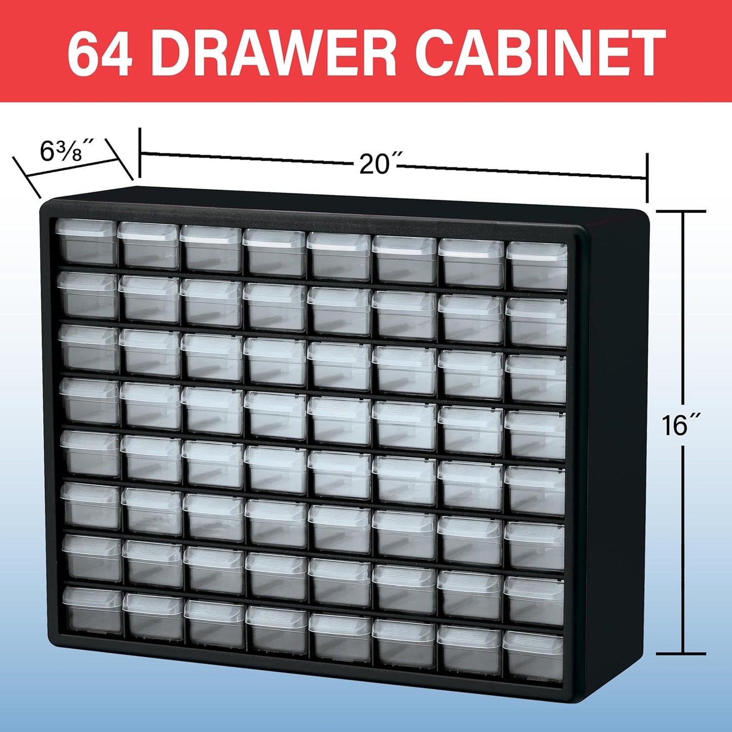Akro-Mils 64-Drawer Plastic Drawer Storage Cabinet for Garage Organization, Bead Organizer, Building Bricks Storage, Teacher Toolbox, Makeup Organizer, 20-Inch W x 6-Inch D x 16-Inch H, 10764 Black