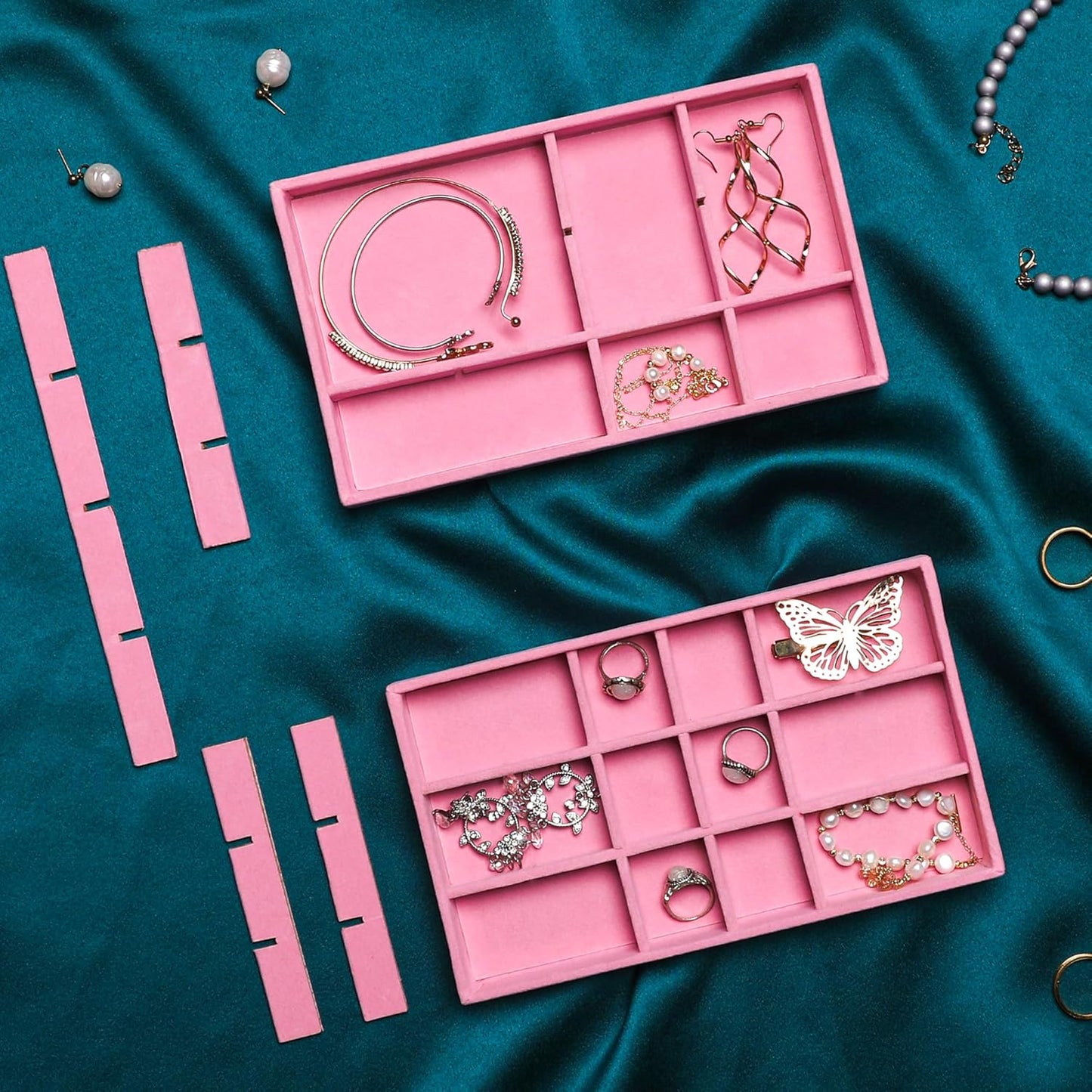 Frebeauty Jewelry Organizer Tray,Stackable Velvet Jewelry Trays,Drawer Inserts Earring Organizer For Women Jewelry Storage Display Case for Rings Stud Necklaces,Set of 4(Pink)