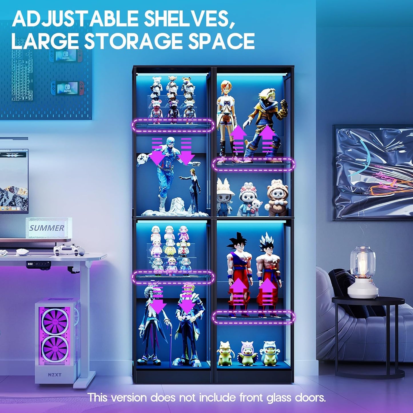 AMERLIFE RGB Display Cabinet with Adjustable Shelves, 4-Tier Storage Case with LED Lights, Modern Display Shelf for Collectibles, Black 70" H×18" L×14" D