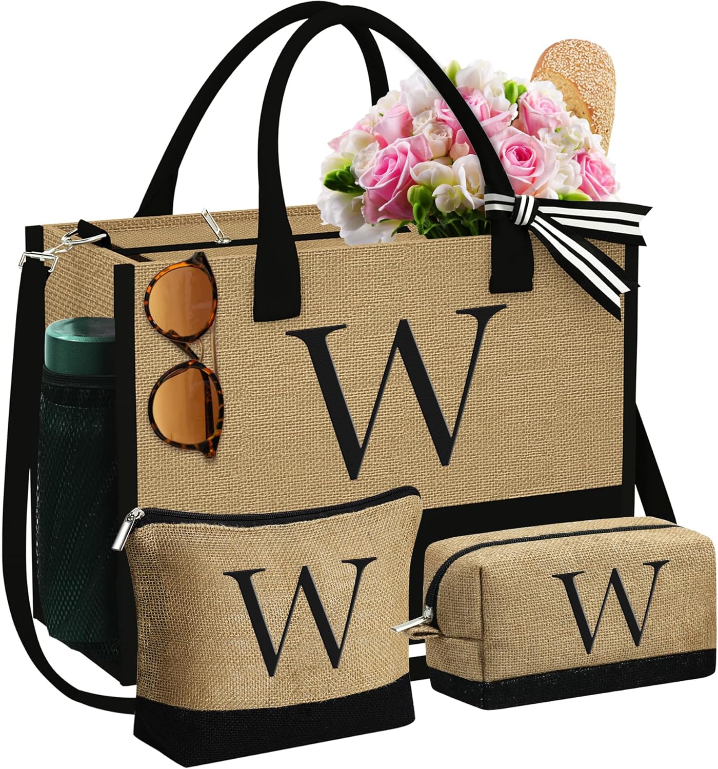 YOOLIFE Christmas Gifts for Women - Initial Jute Tote Bag & 2 Makeup Bags Personalized Gifts for Women Teacher Mom Friend