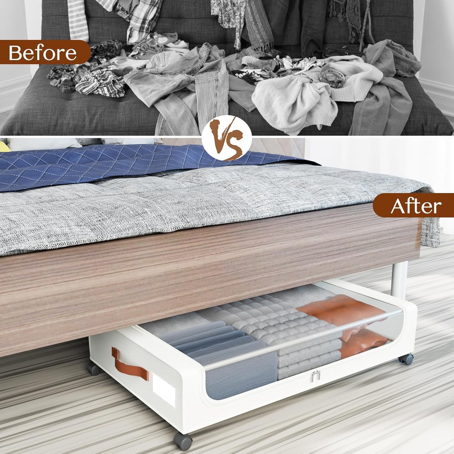 Under Bed Storage with Wheels, UnderBed Storage Containers with Clear Lid and Handles, Under the Bed Storage Bins Drawers for Clothes,Blankets,Shoes,Books (WHITE, 2 PACK)