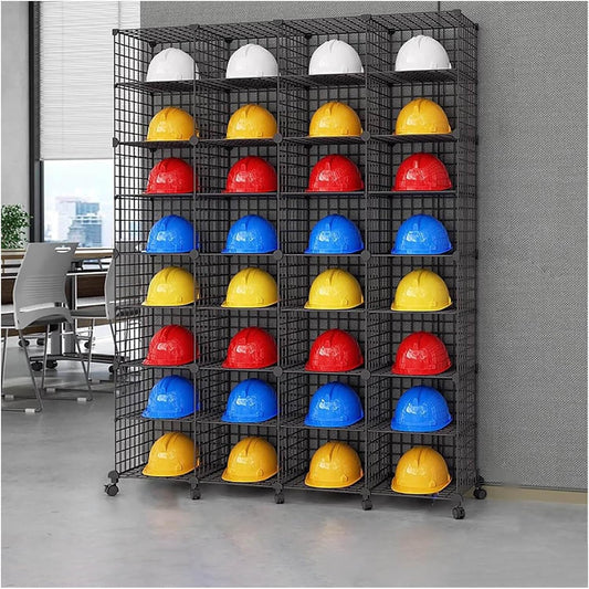 Stackable Safety Helmet Storage Boxes, Large Adjustable Hard Hat Placement Organizer Rack,with Wheels,for Construction Site/Garage/Workshop/Factory Helmet Display Shelf (Black, 32 Grids-4 * 8)