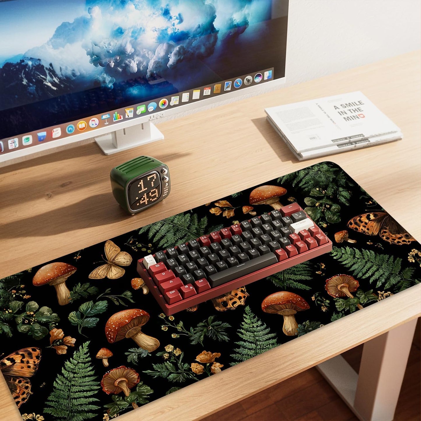 Vintage Butterfly Mushroom Mouse Pad – Large Extended Desk Mat 35.43 x 15.75 in – Dark Forest Aesthetic with Ferns & Fungi, Waterproof Surface, Non-Slip Rubber Base, Keyboard & Mouse Pad