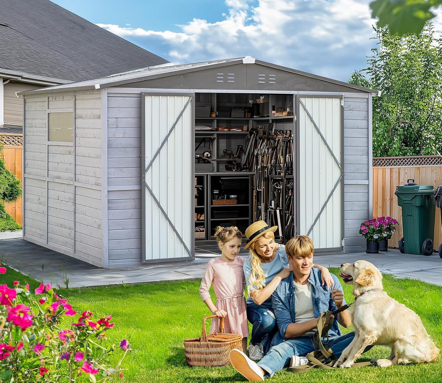 10x8 FT Wood Storage Shed, Large Outdoor Storage Shed with Lockable Door, Window and Vents,Outside Waterproof Wooden Metal Tool Storage for Garden, Patio, Lawn, Backyard (Gray)
