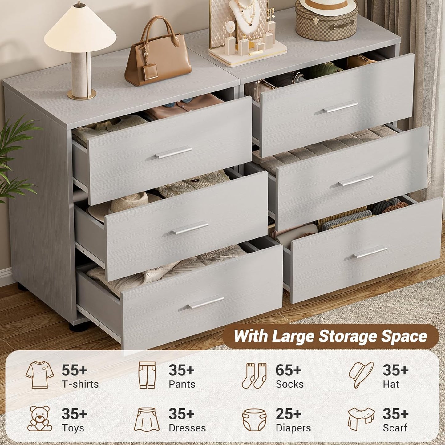 Aheaplus Closet Drawers Set of 2, Wood Closet Organizers and Storage with 3 Drawers, Closet Drawers Organizer System, Nightstands Bedside End Table with 3 Drawers Storage for Bedroom, Grey