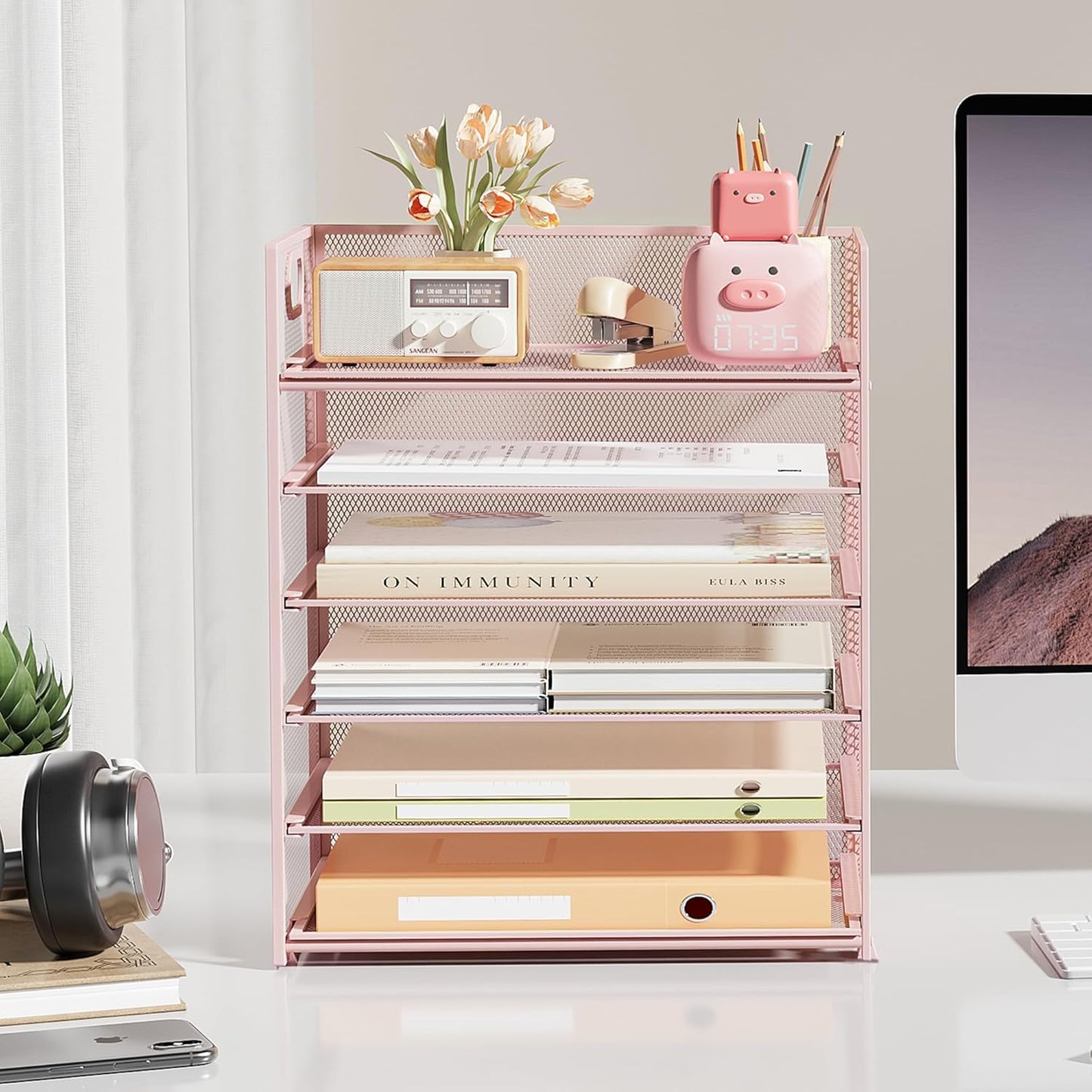 Subekyu 6 Tier Office File Paper Desk Tray Organizer with Handle, Stackable Slide Mesh Letter Tray Folder Pink Desk Organizer, Desktop Document Sorter for Classroom, Office, Home Supplies Storage