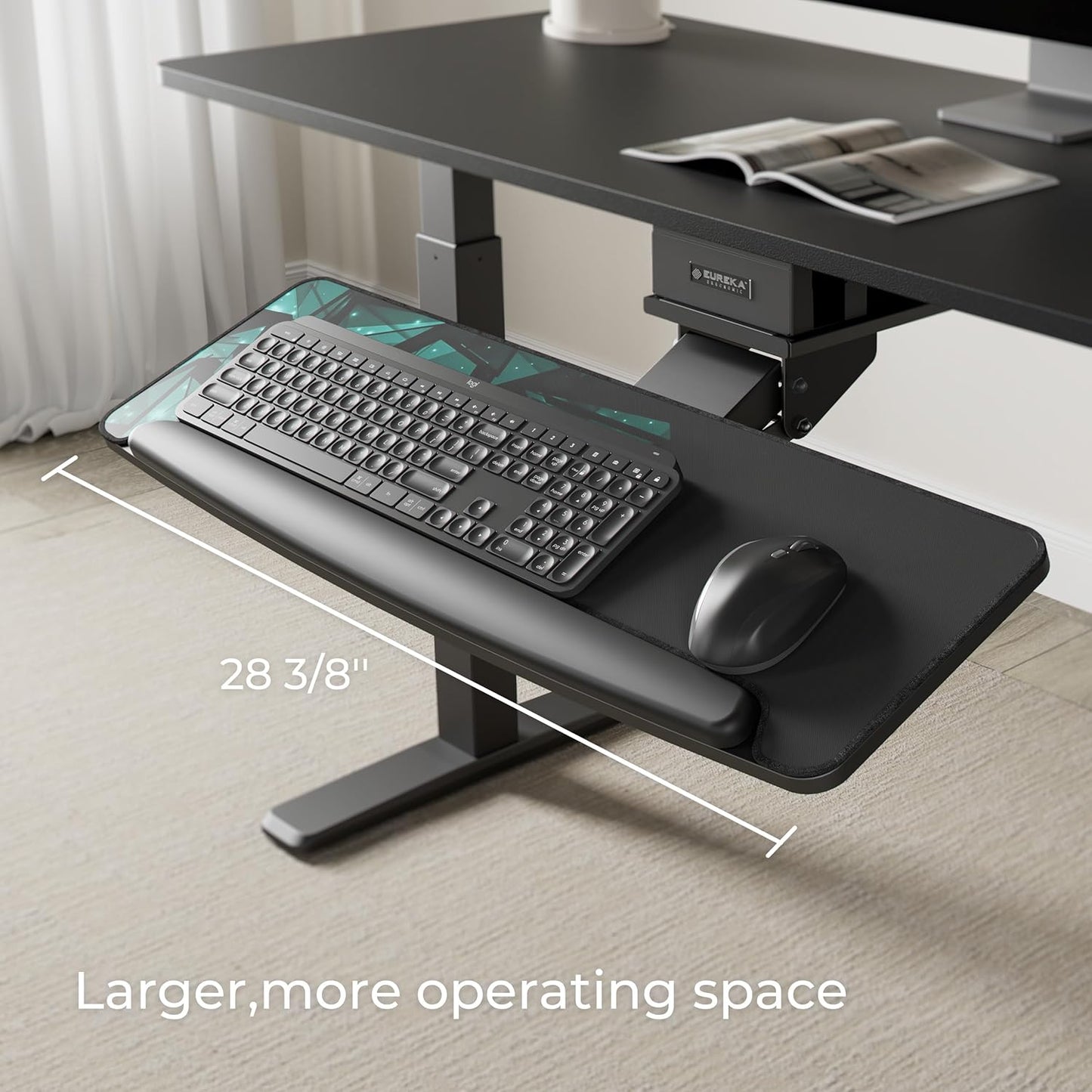 EUREKA ERGONOMIC Height Adjustable Mouse & Keyboard Tray Under Desk, 28x10'' Large Slide Out Swivel Tilt Computer Keyboard Drawer with Mouse Pad for Gaming Home Office Desk, Dual Mount