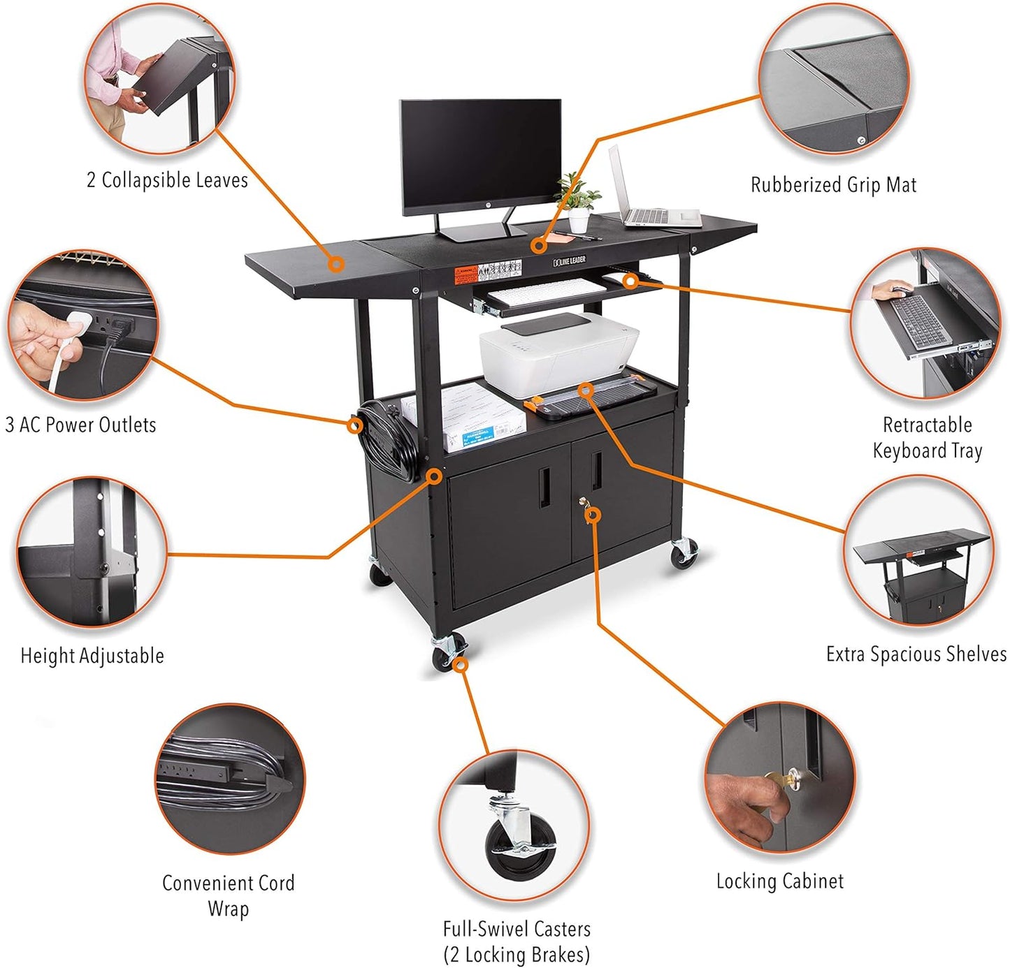 Line Leader Large AV Cart with Locking Cabinet & Drop Leaves, Rolling Height Adjustable Utility Cart with Pullout Laptop Keyboard Tray & Cord Management, Narrow Mobile Workstation (Black, 54 x 18)
