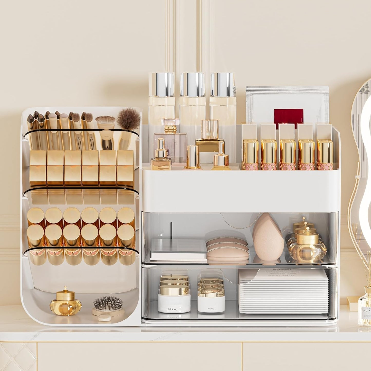 Makeup Organizer with 2 M Drawers & Brush Holders - Cosmetic Storage Case for Vanity, Bathroom Countertop & Desk - Skincare & Office Supplies Organizer (White, M)