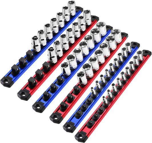 WORKPRO Magnetic Socket Organizer - 6-Piece Aluminum Alloy Socket Rail, Heavy Duty Socket Holder - Set: 1/4-Inch x 12 Clips, 3/8-Inch x 10 Clips, 1/2-Inch x 10 Clips
