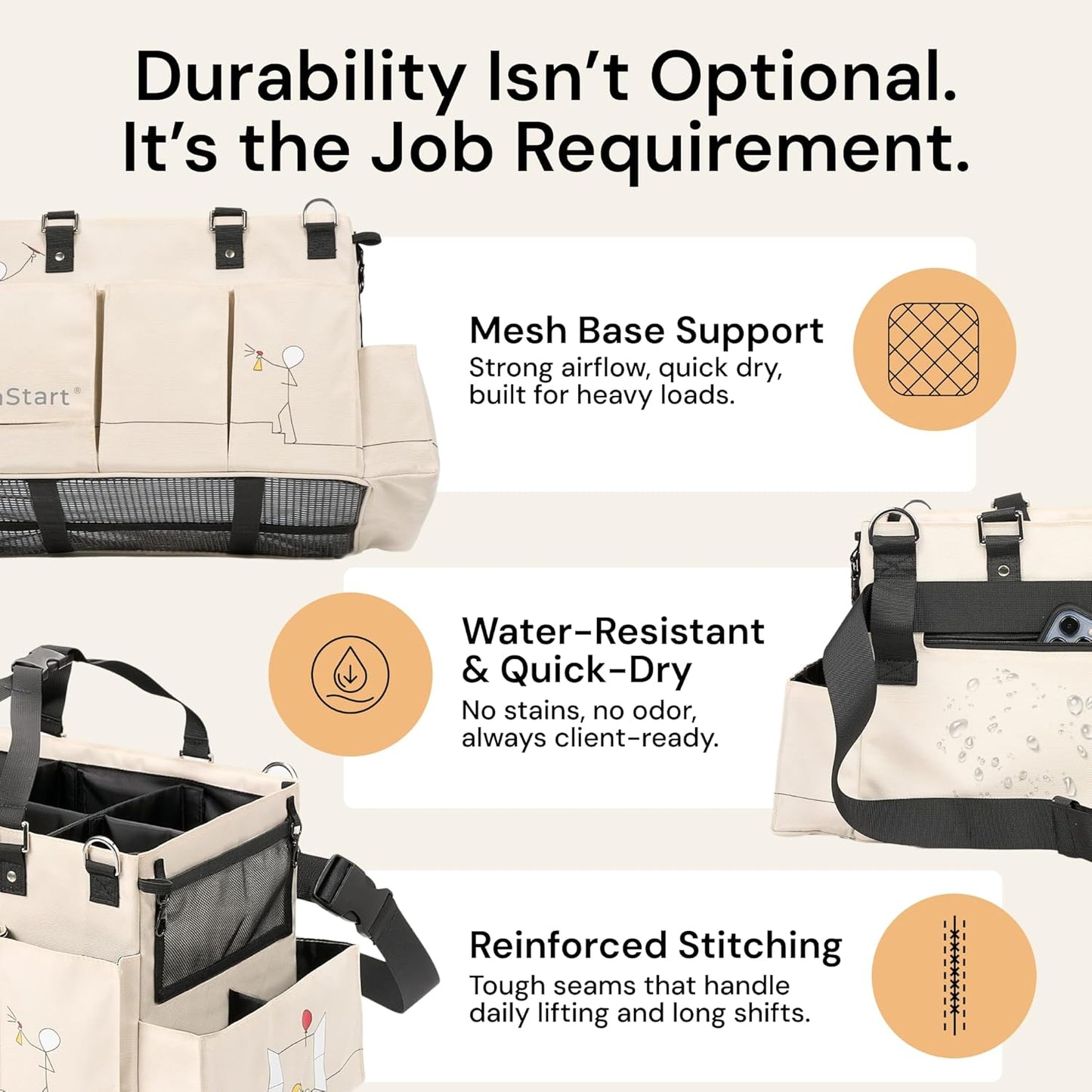 FifthStart Multiuse Cleaning Caddy - Adjustable Straps & Caddy Organizer with Handle - Mesh Base & 9 Pockets Organizer Bag - 5 Dividers & Washable Fabric Cleaning Tote (beige, XL)