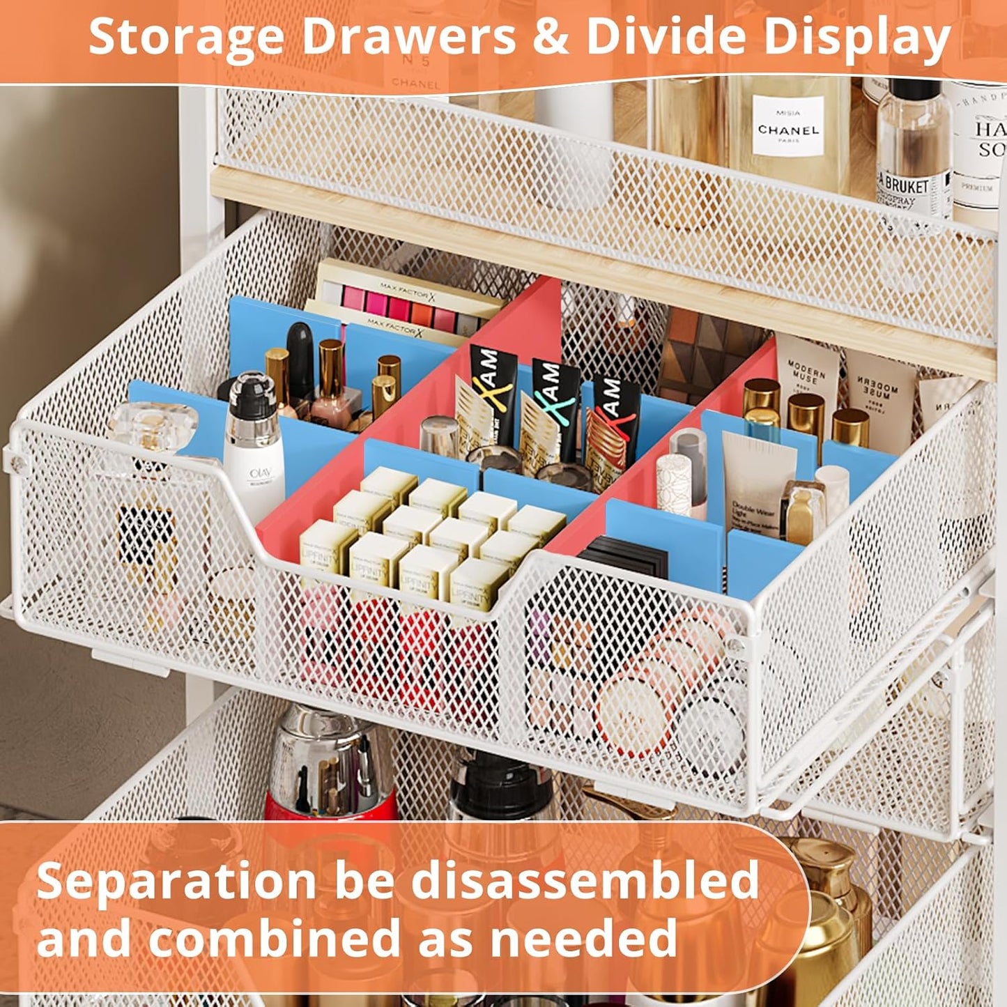 4-Tier Rolling Utility Cart with 3 Drawers - White Craft Organizers and Storage with DIY Dividers, Under Desk Art Supply Storage Organizer with 360° Lockable Wheels for Brushes Artifacts Small Parts