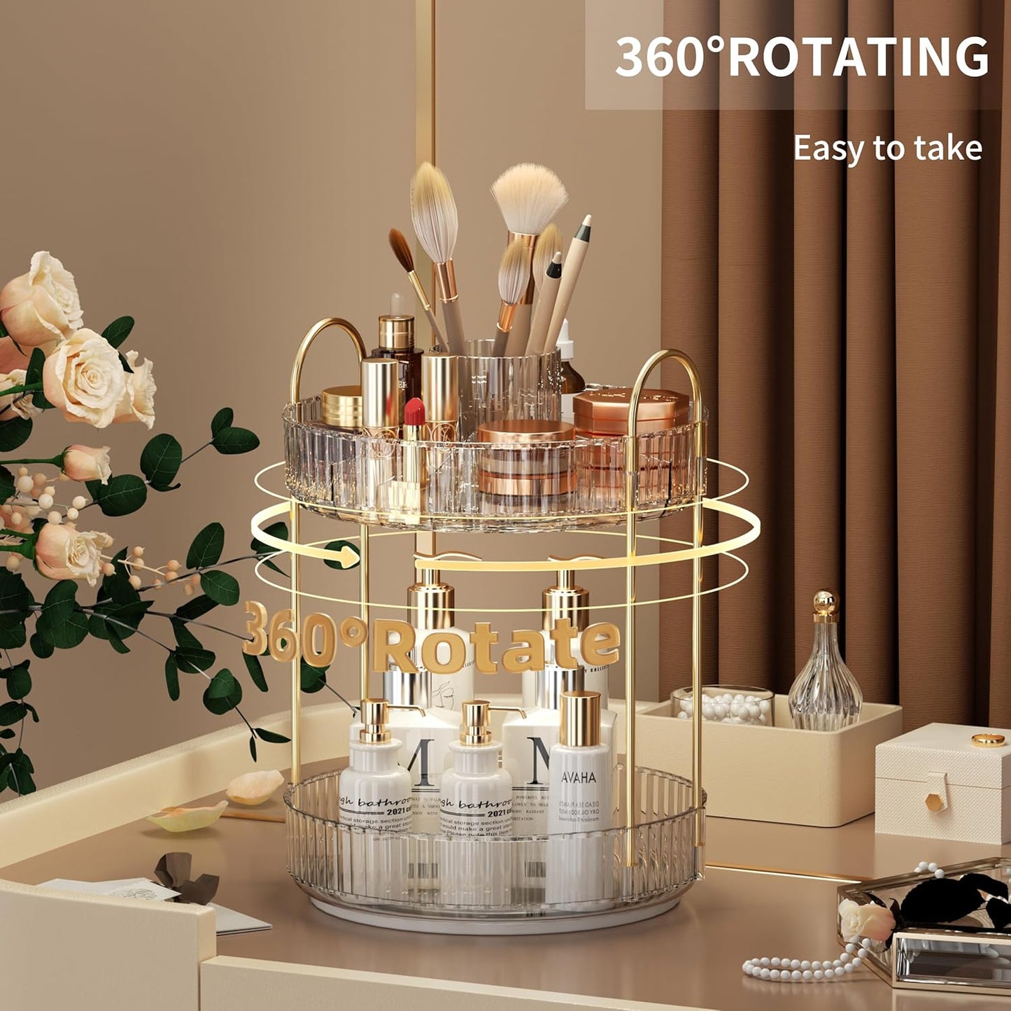 YCIA&DONE Rotating Makeup Organizer for Vanity, Large Capacity Make Up Storage Skin care Shelf Perfume Holders Cosmetic Dresser Organizer Countertop Spinning 360 (White Clear, 2Tiers)
